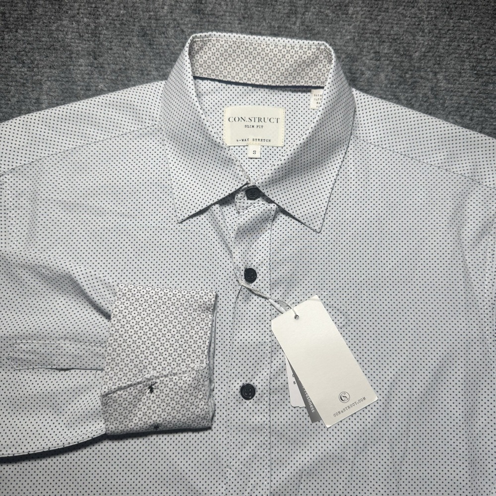 Construct Button Up Men Small Slim Fit 4-Way Stretch Flip Cuff Long Sleeve White
